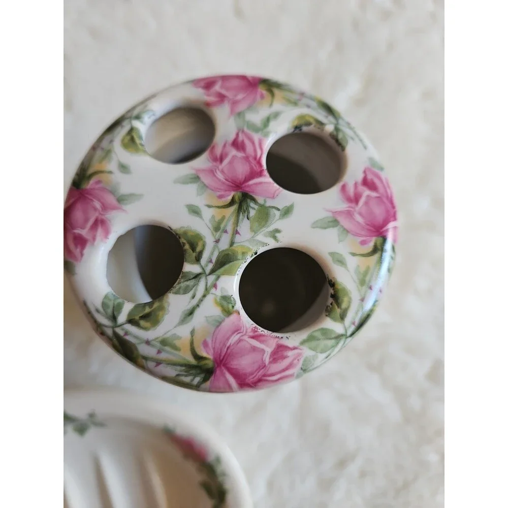Vintage Crowne Oaks Designs Rose Floral Porcelain Toothbrush Holder & Soap Dish